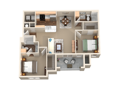 2 Bed 2 Bath 3D Floor Plan at Plantation Crossing, Lafayette, LA, 70508